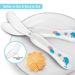 Lehoo Castle plastic-handled utensils in blue for ergonomic toddler grip