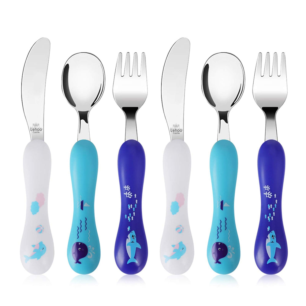 Lehoo Castle 6-piece blue toddler utensils with easy-grip handles for self-feeding