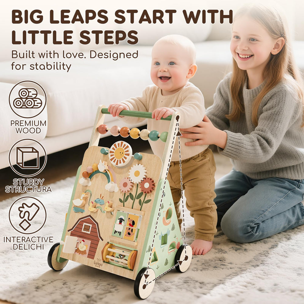 Lehoo Castle wooden baby walker side view shows space for toys and balance practice