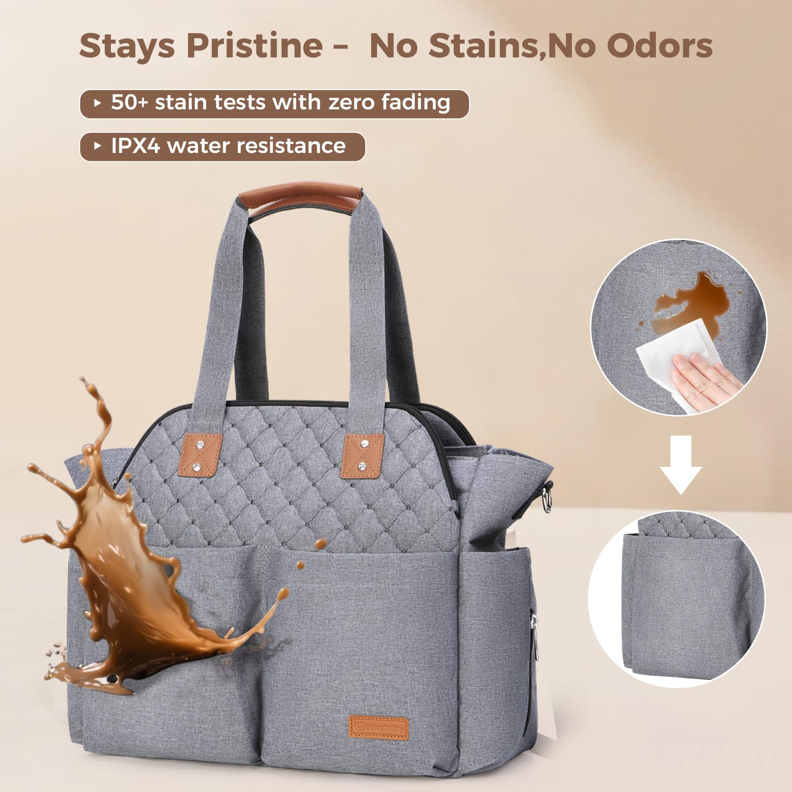 Lekebaby diaper bag tote dry-wet pocket keeps clothes separate from wipes.