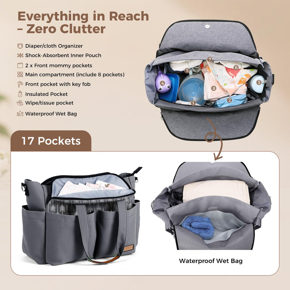 Lekebaby diaper bag tote insulated bottle pocket for warm feeds on the go.