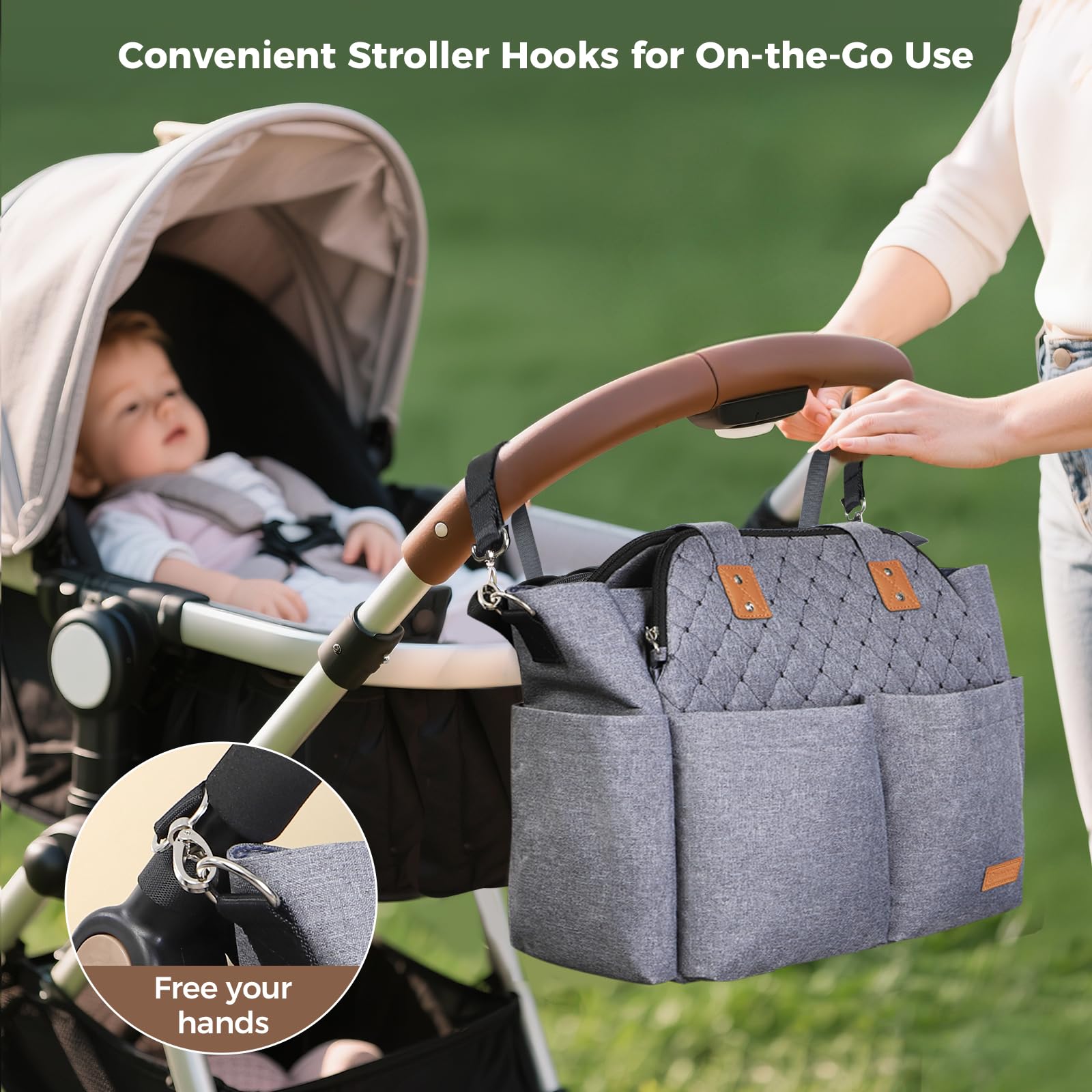 Lekebaby diaper bag tote interior organizer keeps bottles, diapers, and toys neatly arranged.