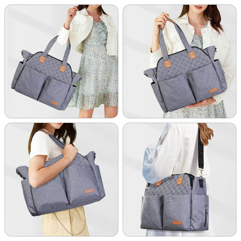 Lekebaby diaper bag tote side pocket for quick wipes and small items.