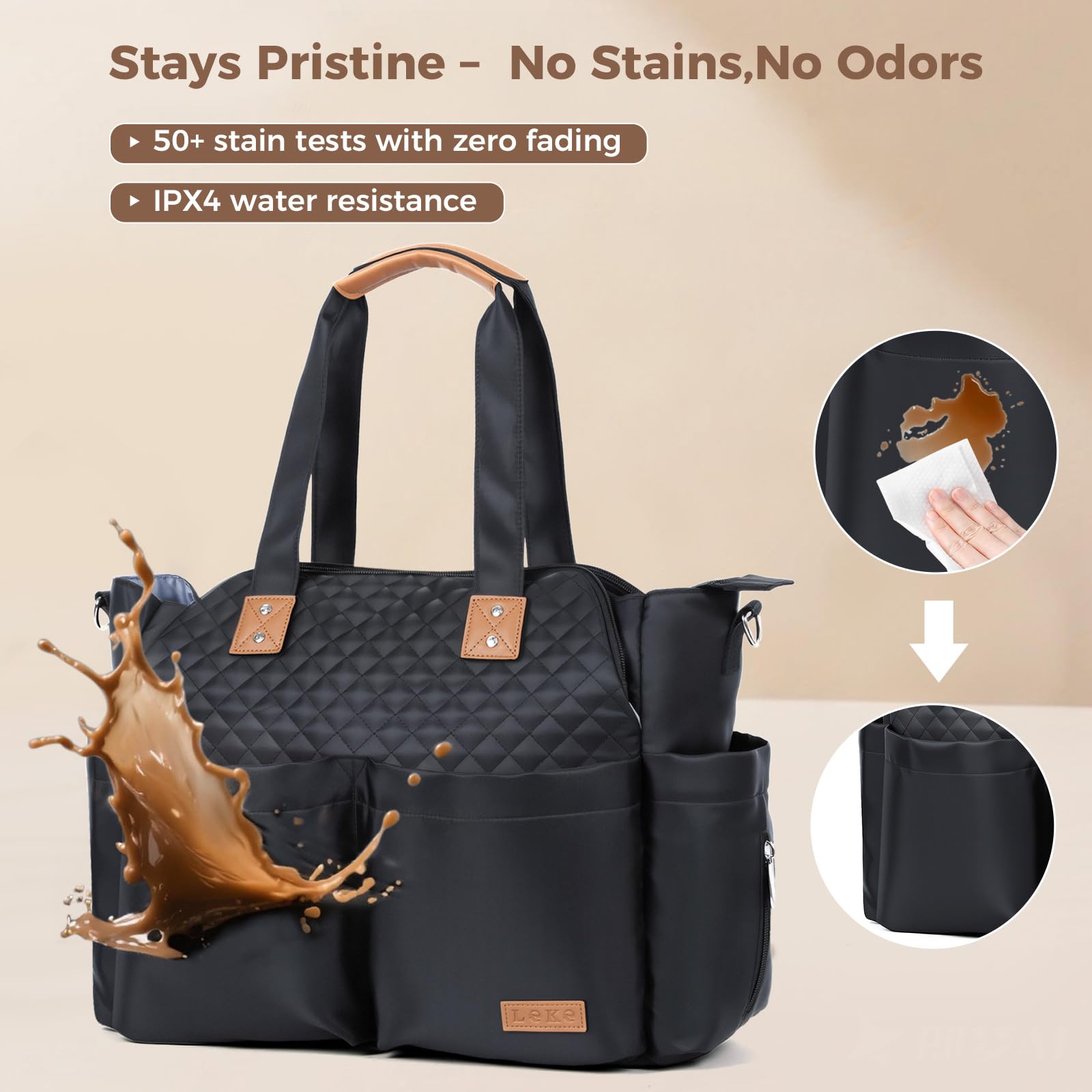 Lekebaby tote includes a side pocket for wipes