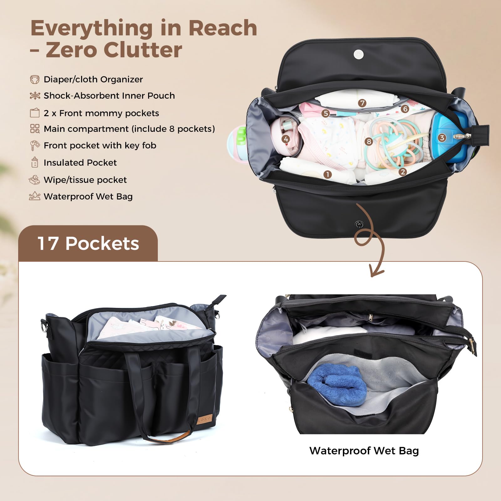 Lekebaby tote with stroller clips for hands-free strolling