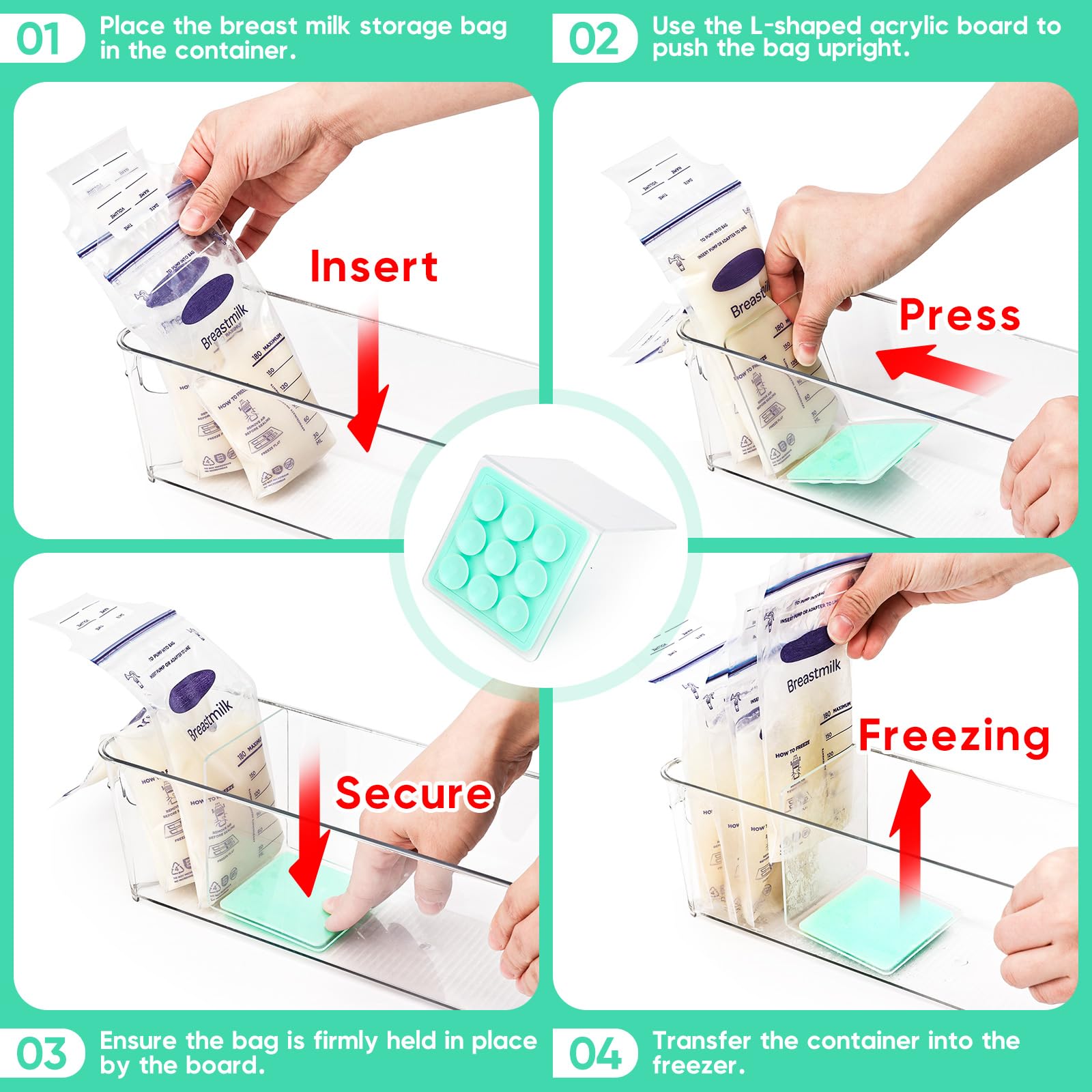 Lelife L-shaped compressor inserts help flatten milk bags for easy stacking.