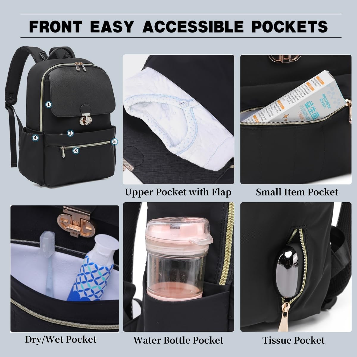 LELLIE diaper bag backpack built-in stroller straps for hands-free parenting