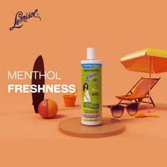 Closeup of Lemisol ingredients highlights menthol, aloe, and chamomile for soothing care.