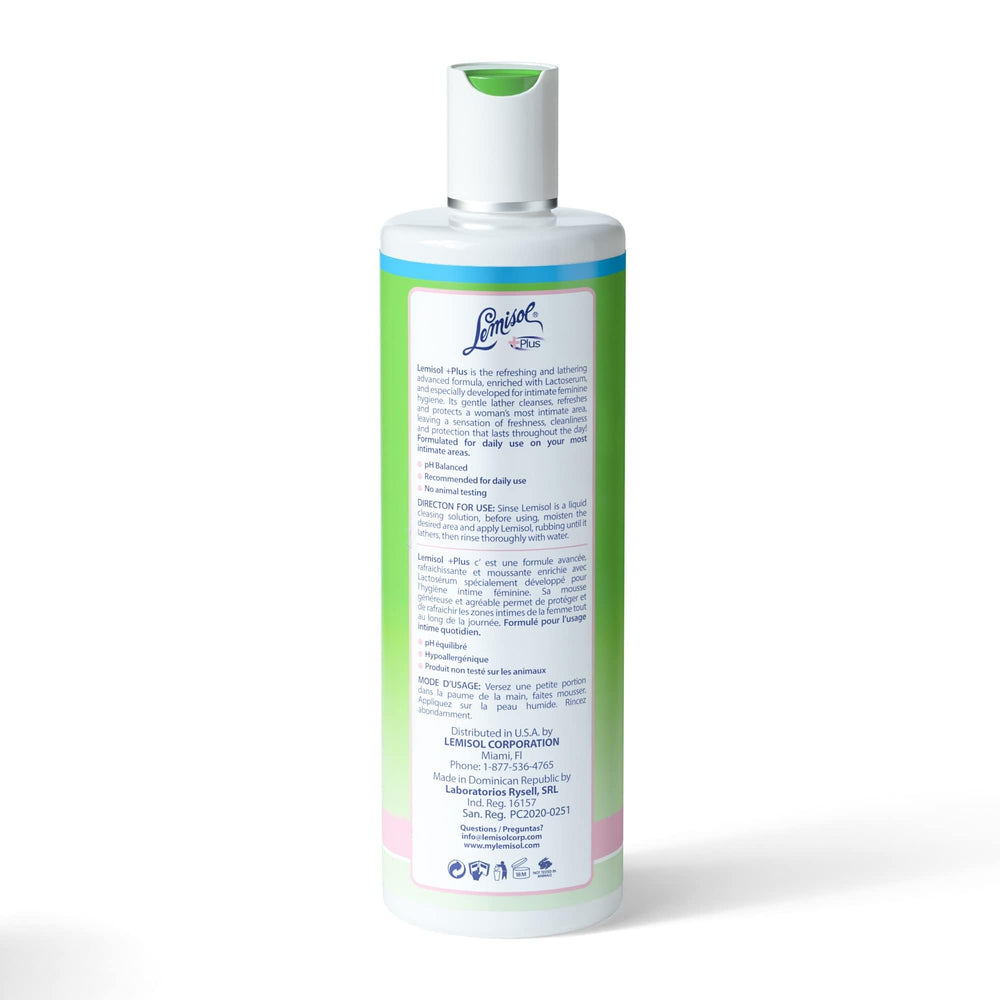 Label detail on Lemisol feminine wash highlights hypoallergenic formula and botanicals.