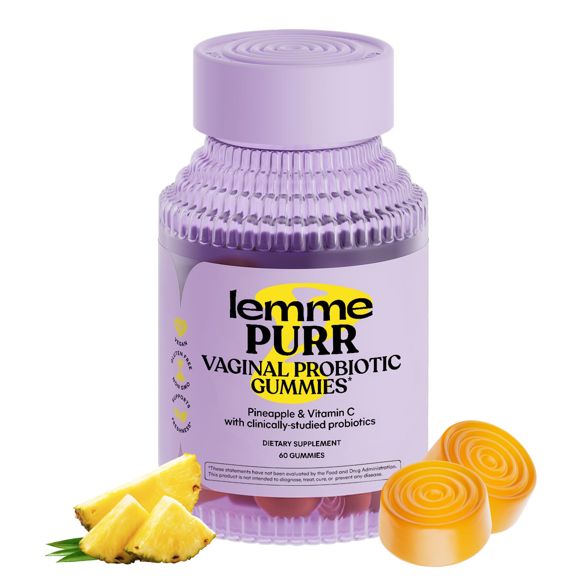 Lemme Purr bottle with pineapple gummies offers daily vaginal balance and tasty flavor