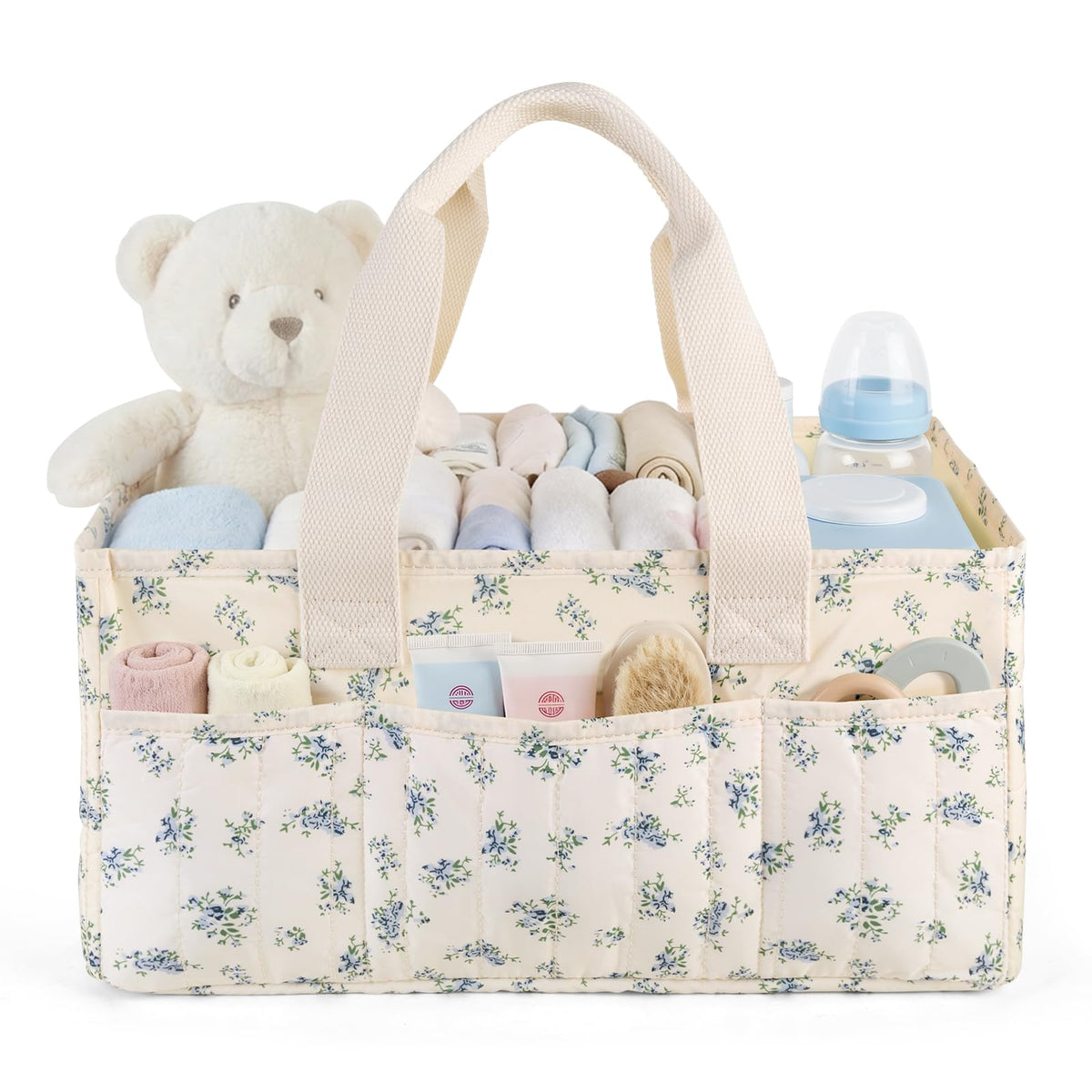Lemoobolsa diaper caddy blue floral front view for quick, organized diaper changes.