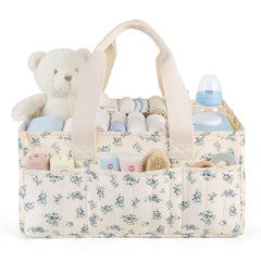 Lemoobolsa diaper caddy blue floral front view for quick, organized diaper changes.