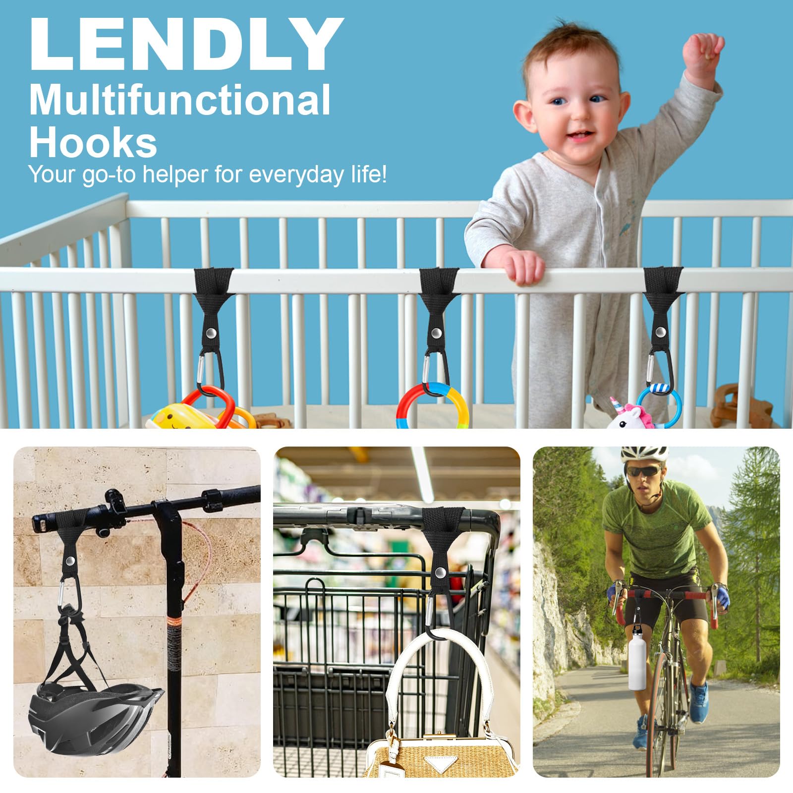 LenDLY stroller hooks feature rounded edges to protect little hands.