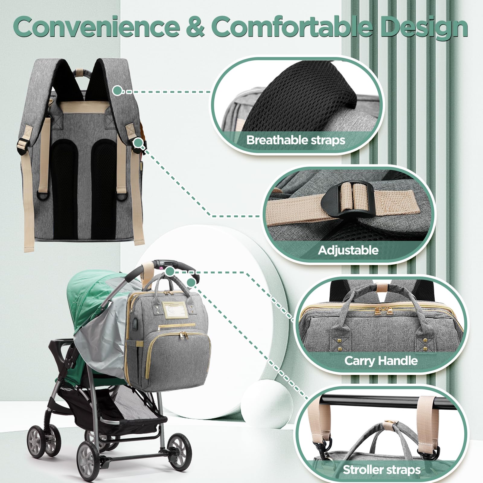Lenski diaper bag featuring built-in USB port for device charging.