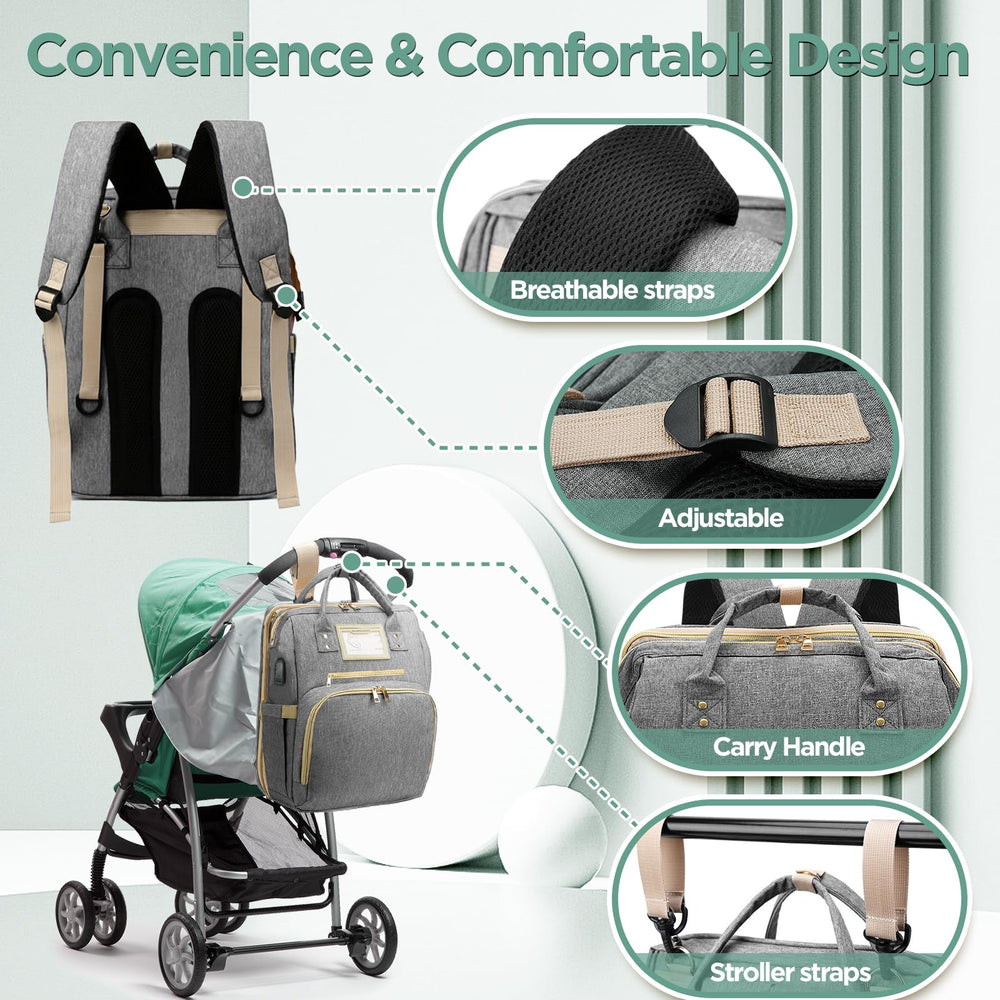 Lenski diaper bag featuring built-in USB port for device charging.