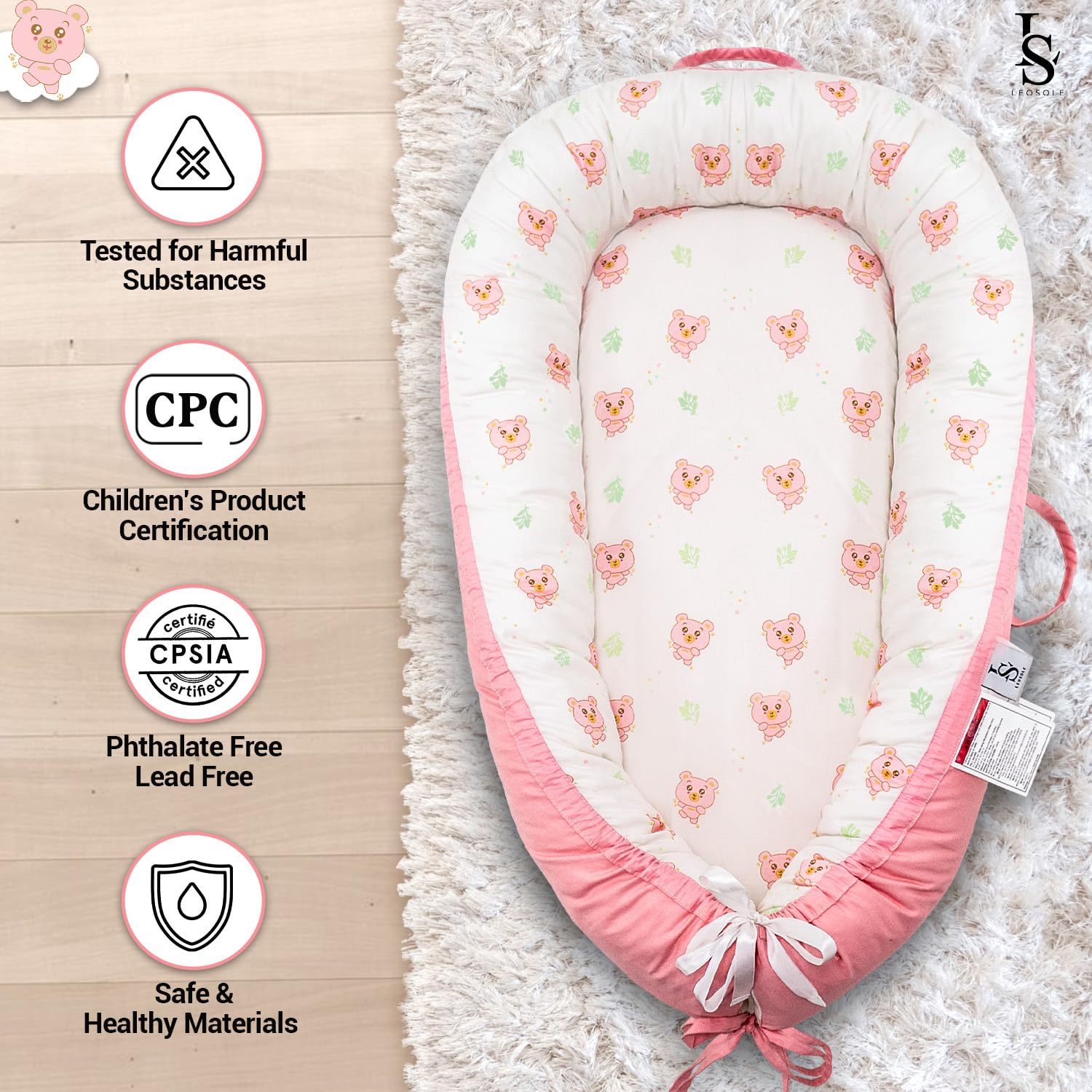 LEOSOLE bumper 360 wraparound provides secure, snug support for newborn lounging