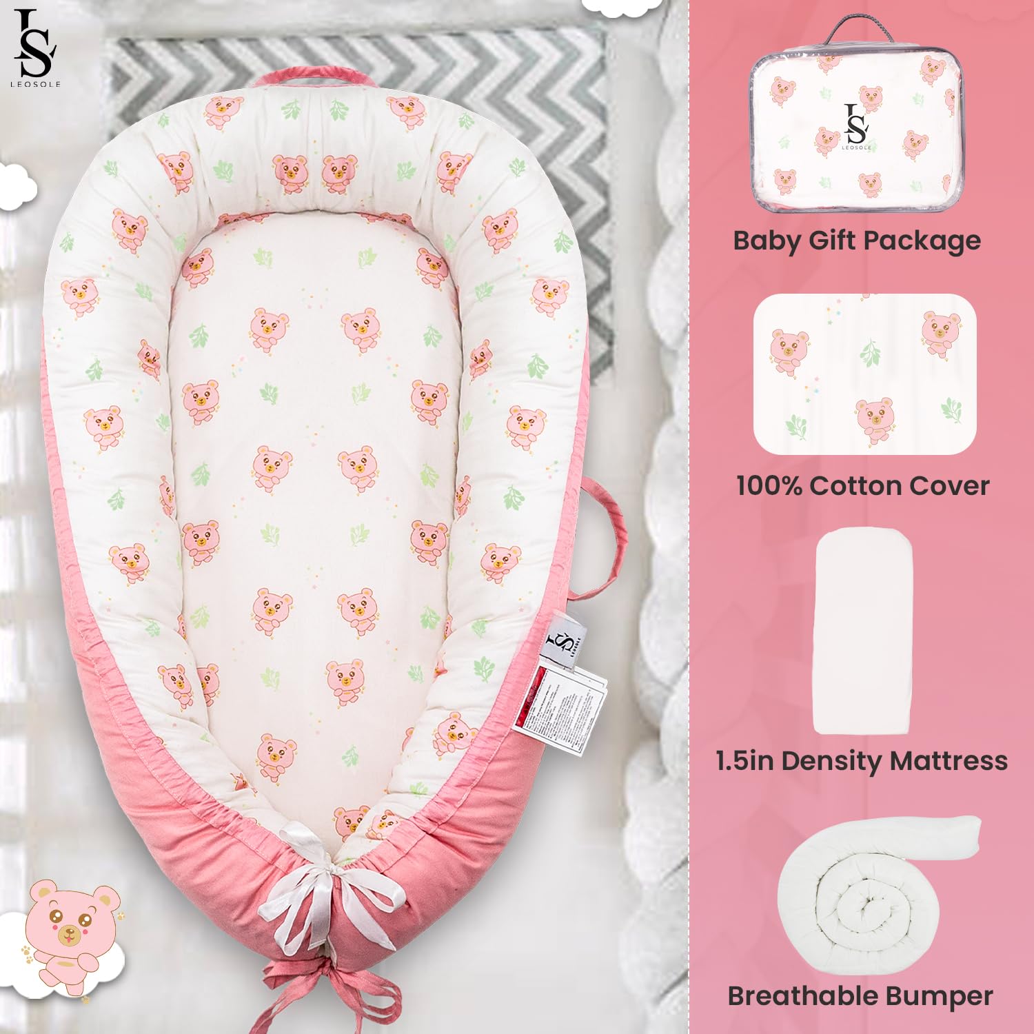 LEOSOLE reversible lounger showing blush bear pattern for two stylish looks
