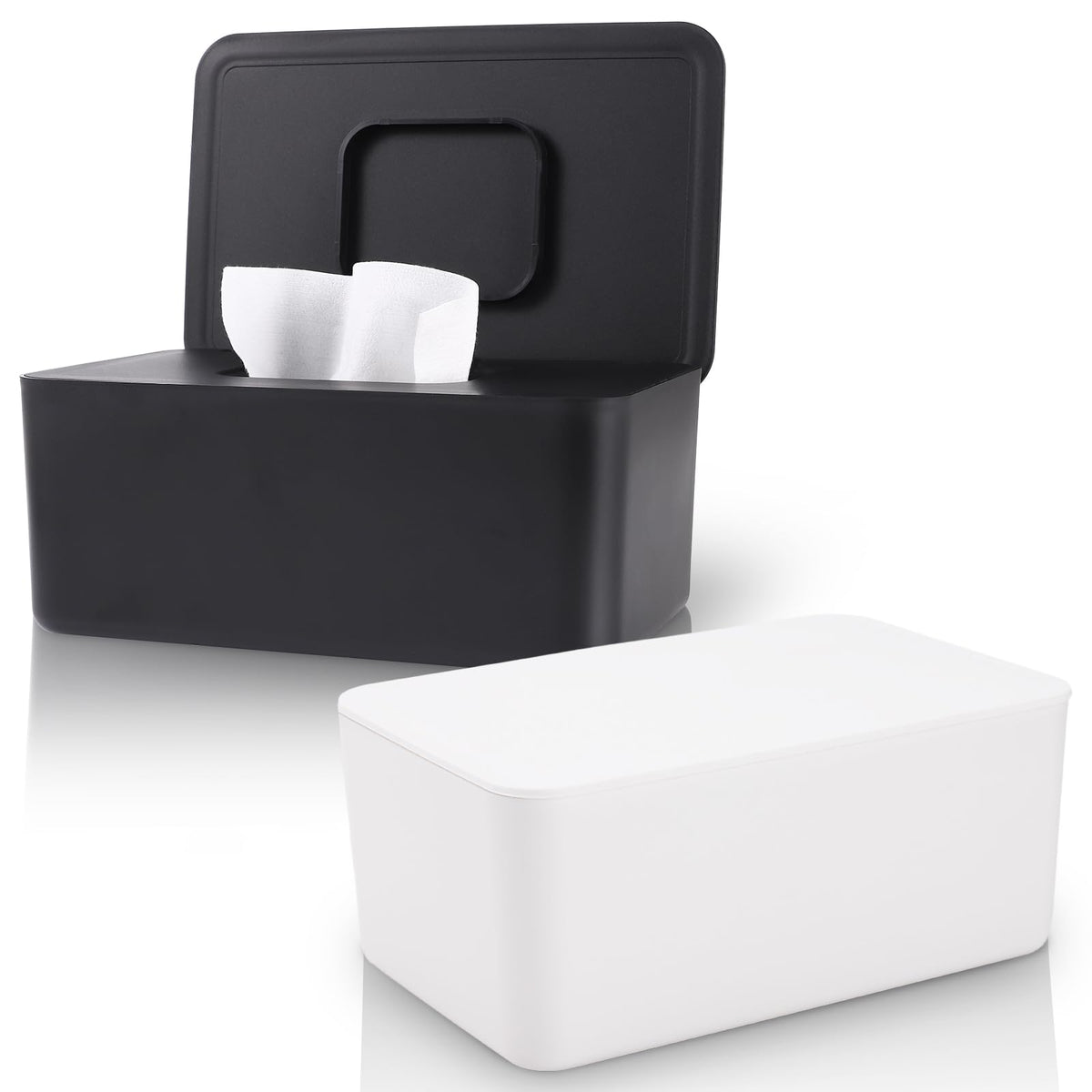LEQXGO baby wipes dispenser front view shows sleek black and white styling for nursery and home