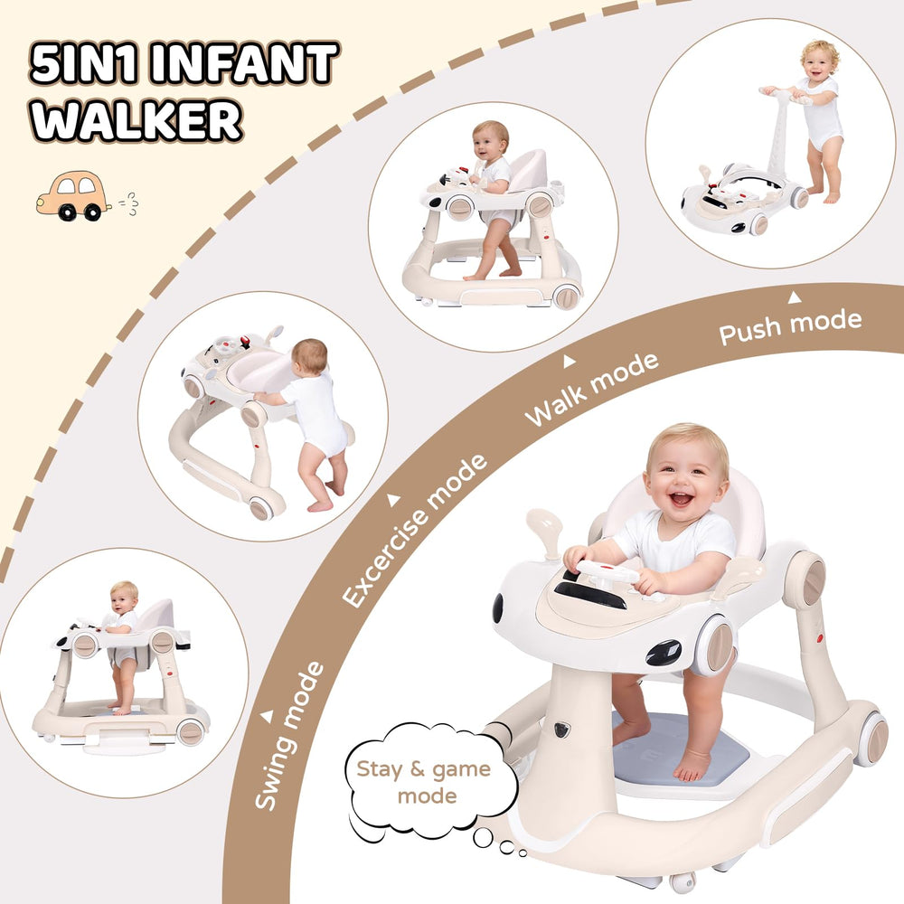 Lerrutue baby walker with 360° swivel front wheels and rear brakes for control