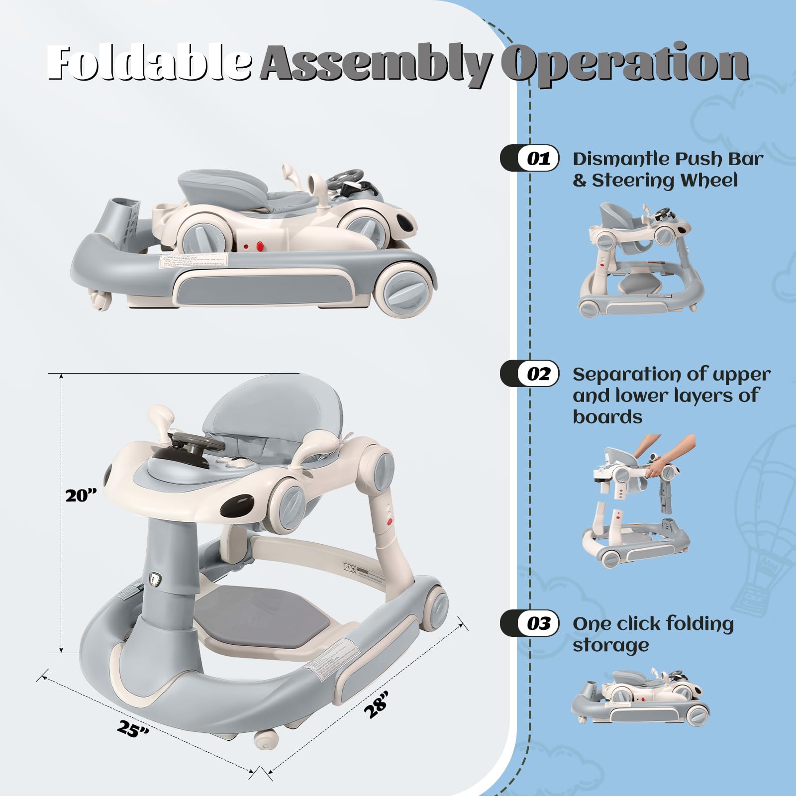 Lerrutue folding baby walker shows easy storage and portability