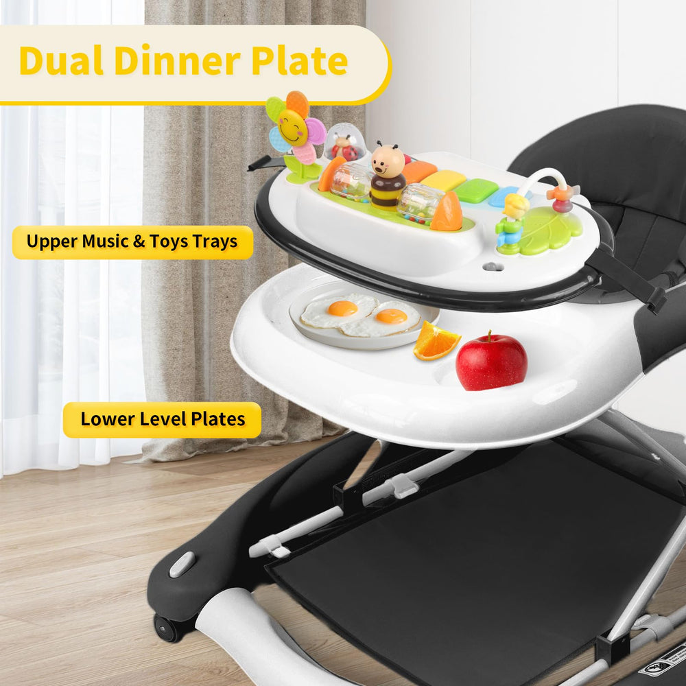 Height-adjustable seat on Lerrutue walker grows with baby comfort.