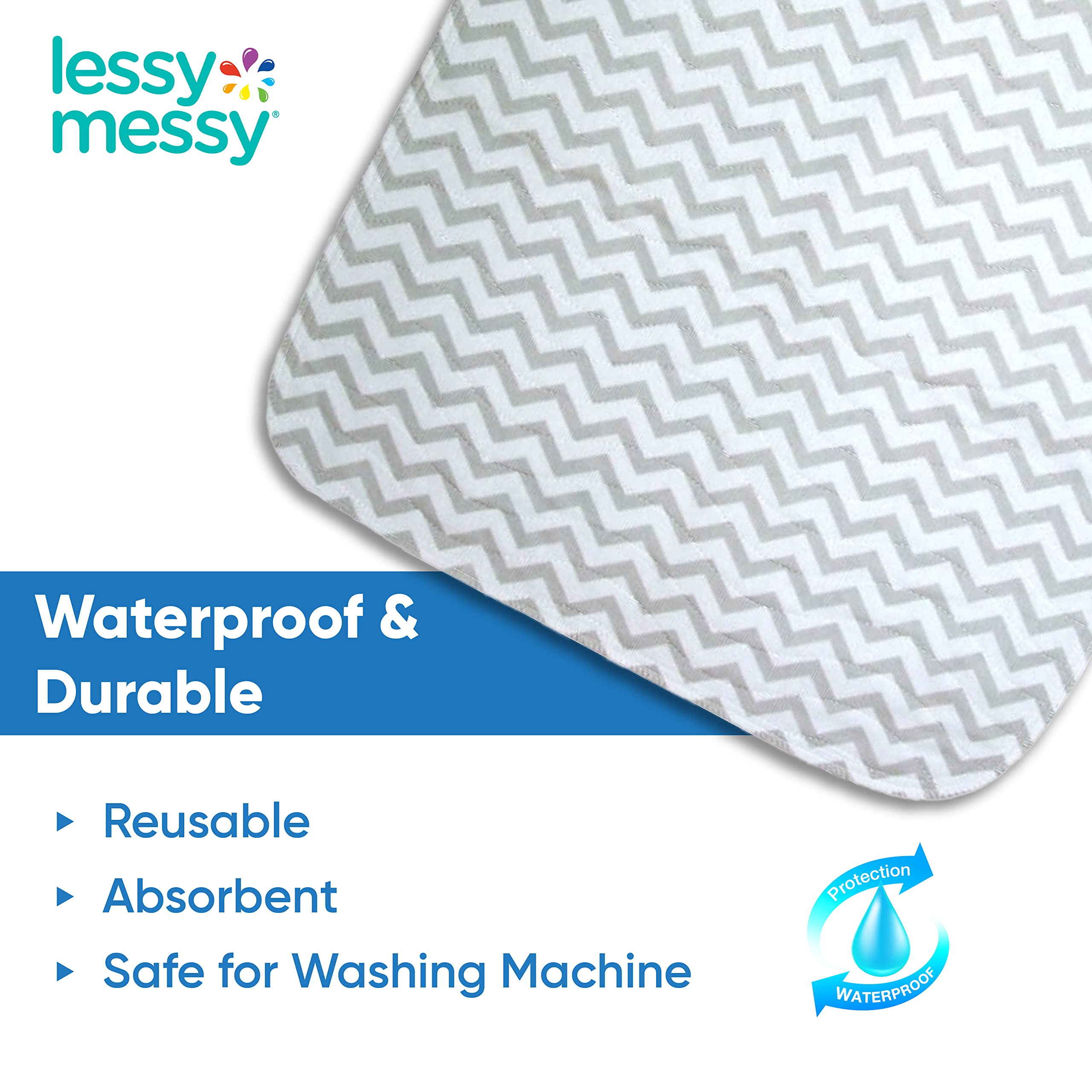 Lessy Messy dryer-safe changing pad grey, quick reuse after spills.
