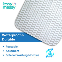 Lessy Messy dryer-safe changing pad grey, quick reuse after spills.