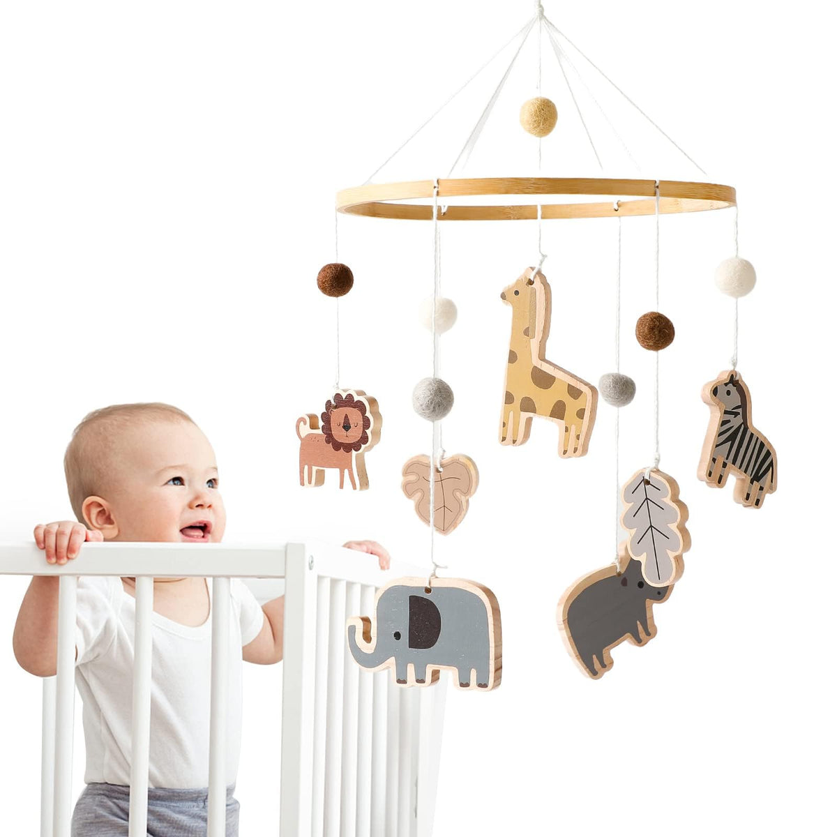Let's Make baby crib jungle animals mobile showcases five playful safari friends for visual engagement.