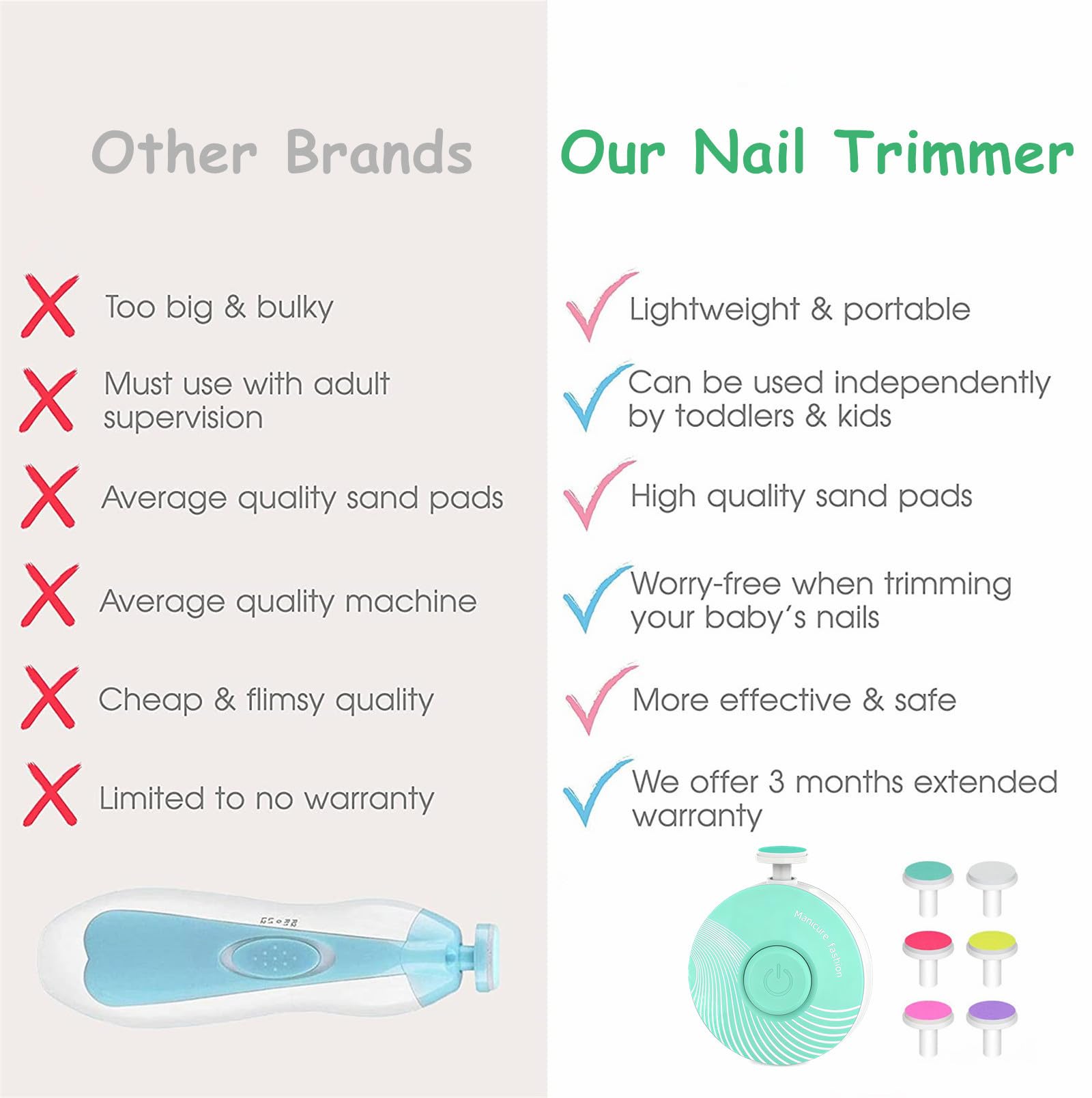 LETUENMI whisper-quiet operation enables quiet nail care while baby naps.