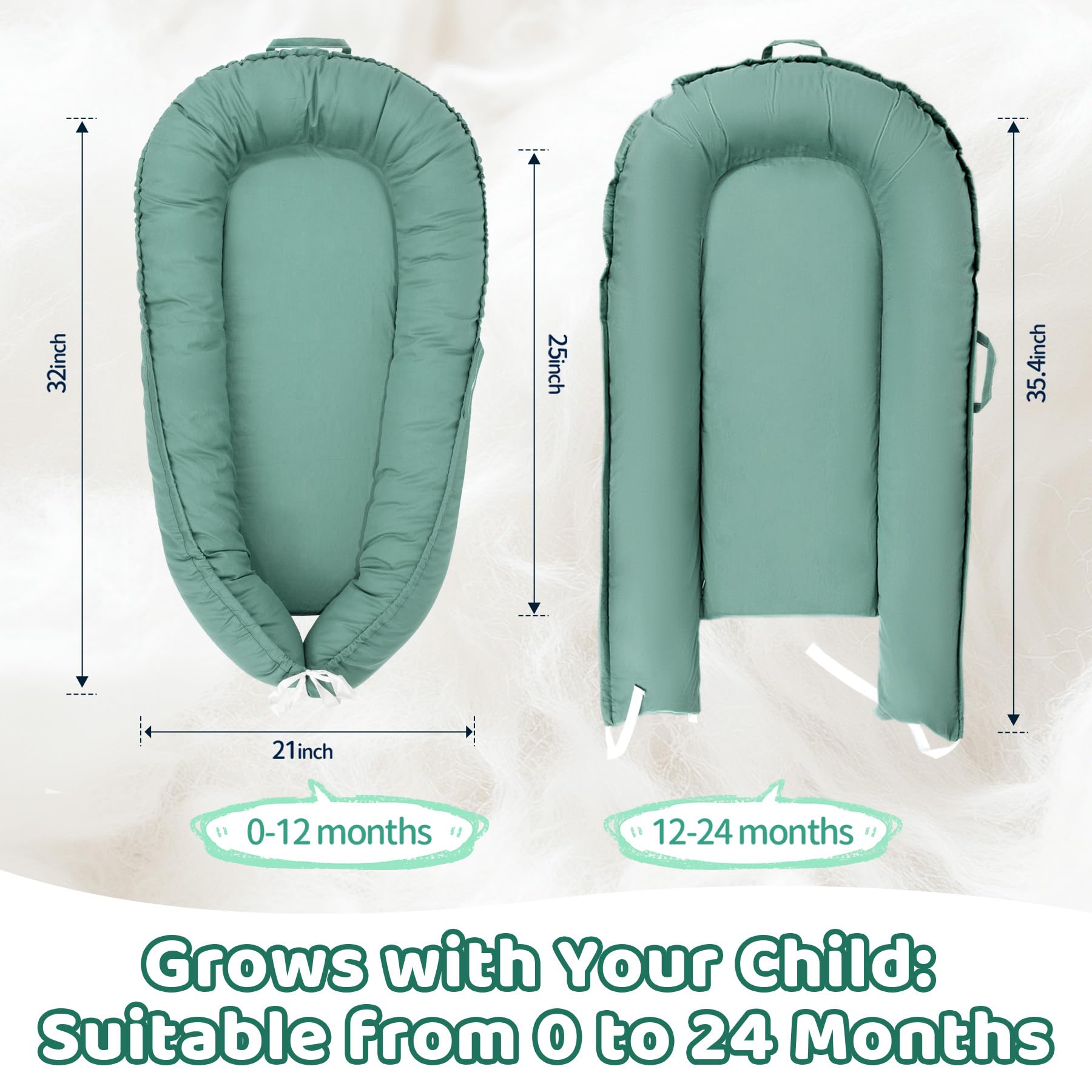 Letwearn baby lounger cover shows a 360-degree bumper for secure, cozy sleep.