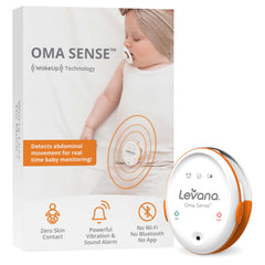 Levana Oma Sense wearable monitor clipped to a diaper for non-contact movement alerts.