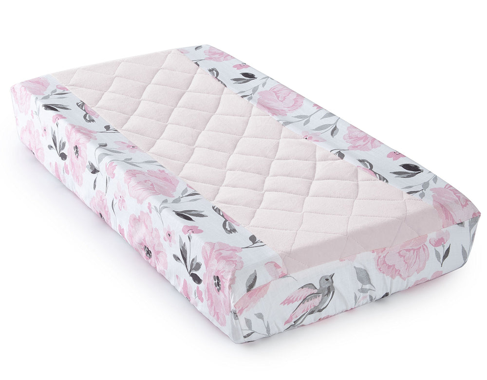 Levtex Baby Elise changing pad cover with floral birds in pink, grey, white enhances nursery decor.
