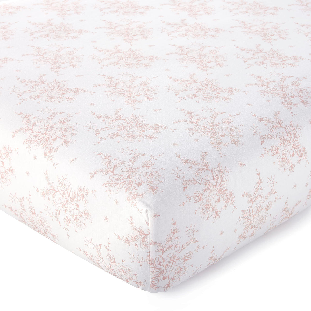 Levtex Baby Heritage crib fitted sheet in floral blush on white, snug fit for standard crib mattresses.