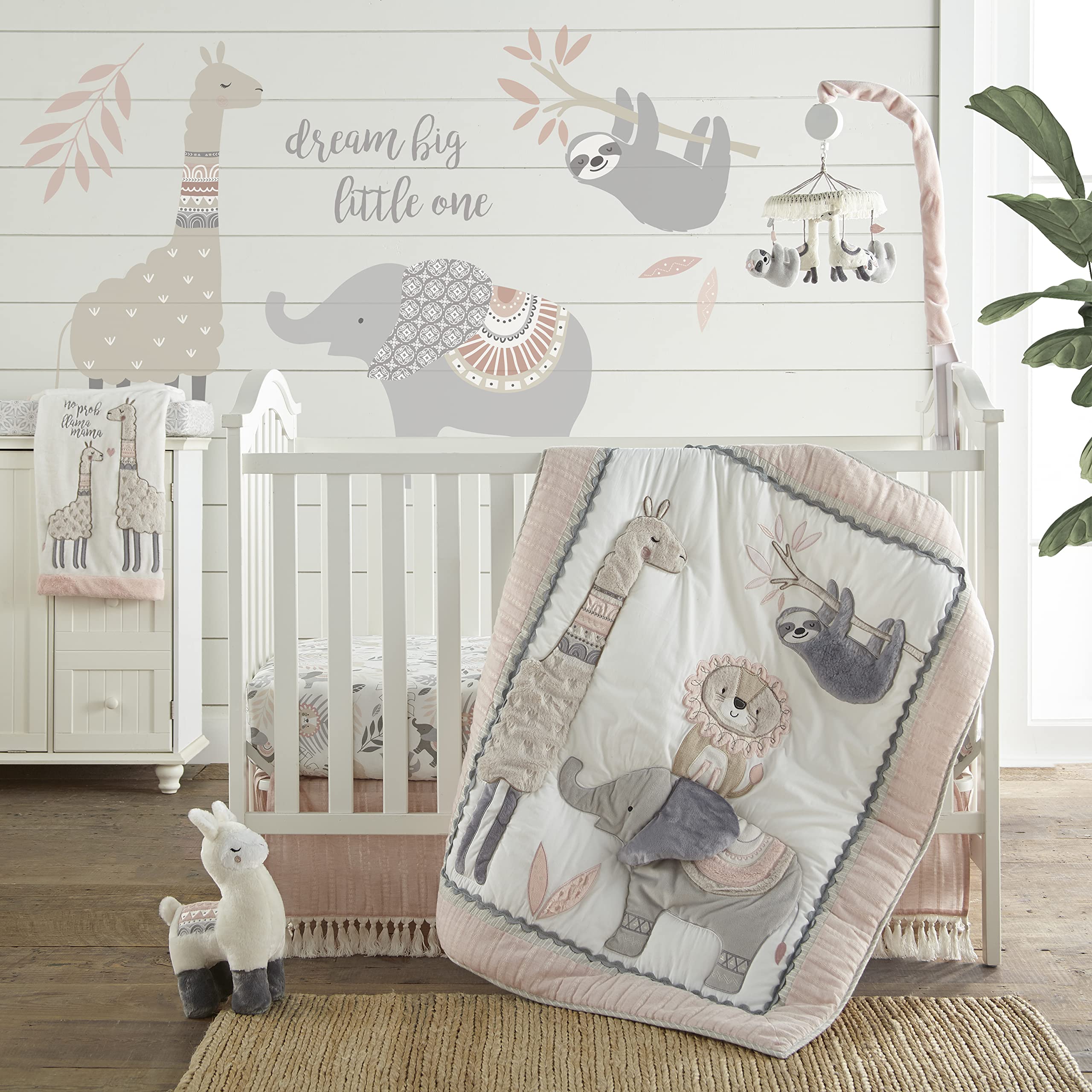 Levtex Baby Imani fitted sheet in pink, grey, taupe, and white enhances nursery decor and comfort
