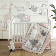 Levtex Baby Imani fitted sheet in pink, grey, taupe, and white enhances nursery decor and comfort