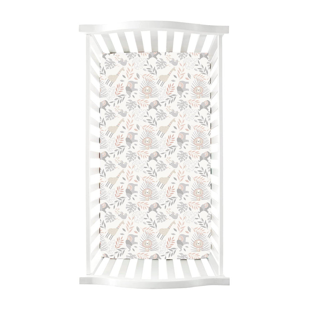Levtex Baby Imani sheet with leaves and sloths adds playful charm while staying snug on standard mattresses