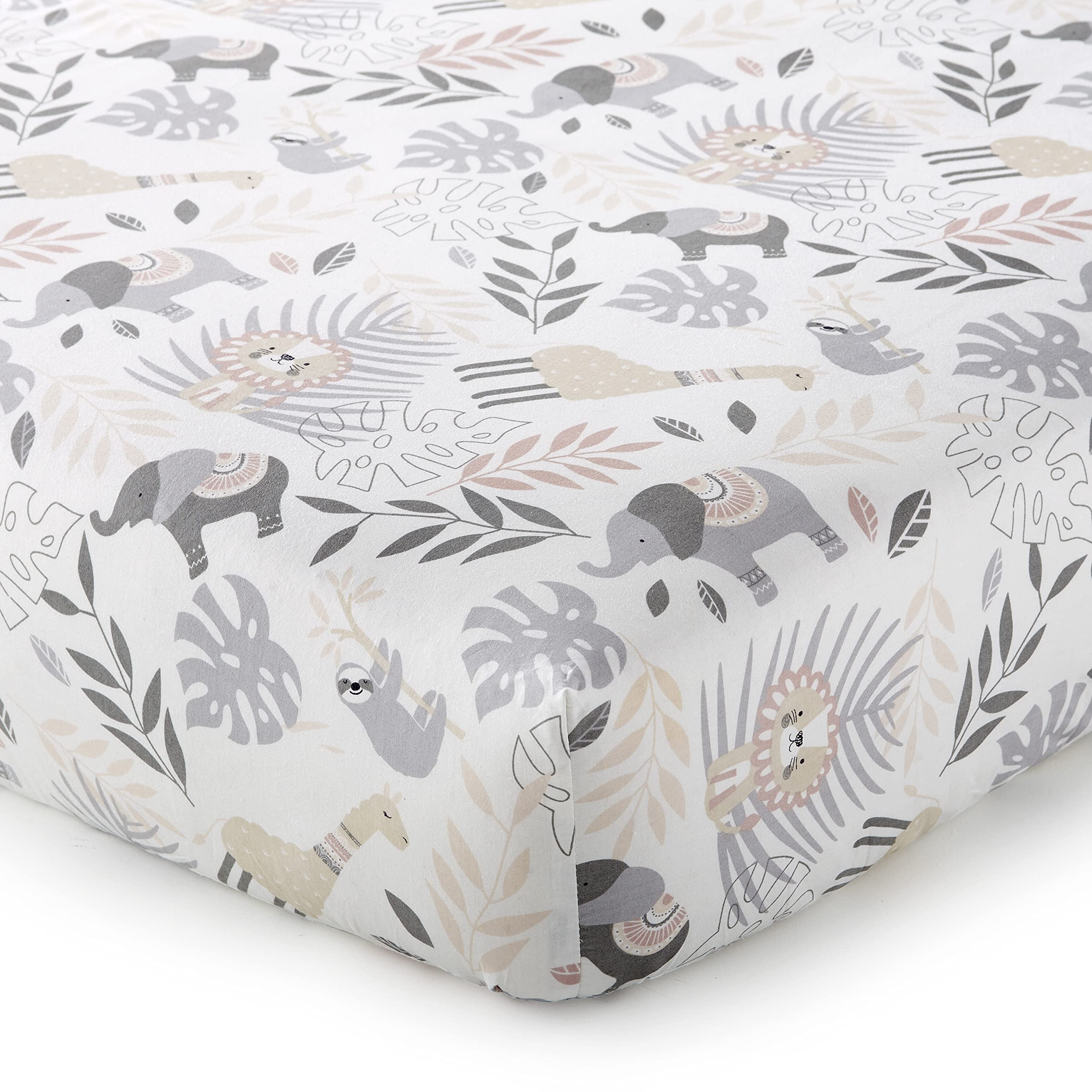 Levtex Baby Imani fitted sheet featuring tossed llamas and elephants offers soft, breathable 100% cotton comfort