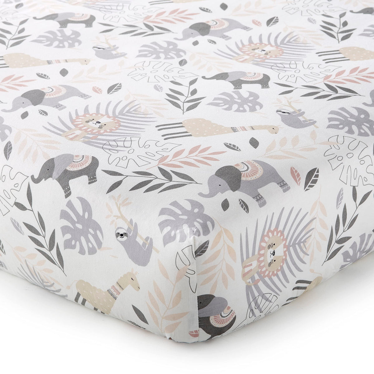 Levtex Baby Imani fitted sheet featuring tossed llamas and elephants offers soft, breathable 100% cotton comfort