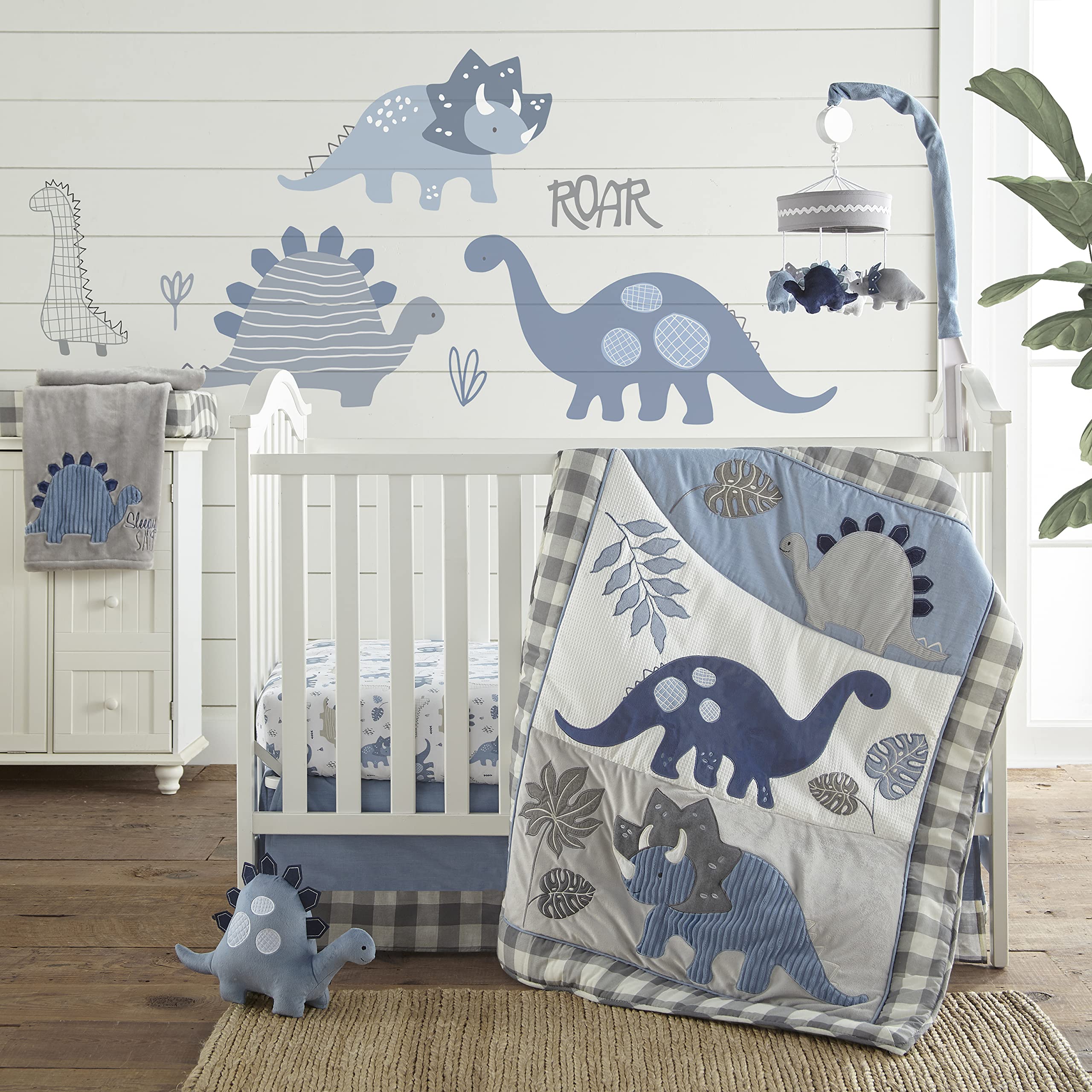 Blue, grey, navy colorway complements modern nurseries and coordinated Kipton decor.