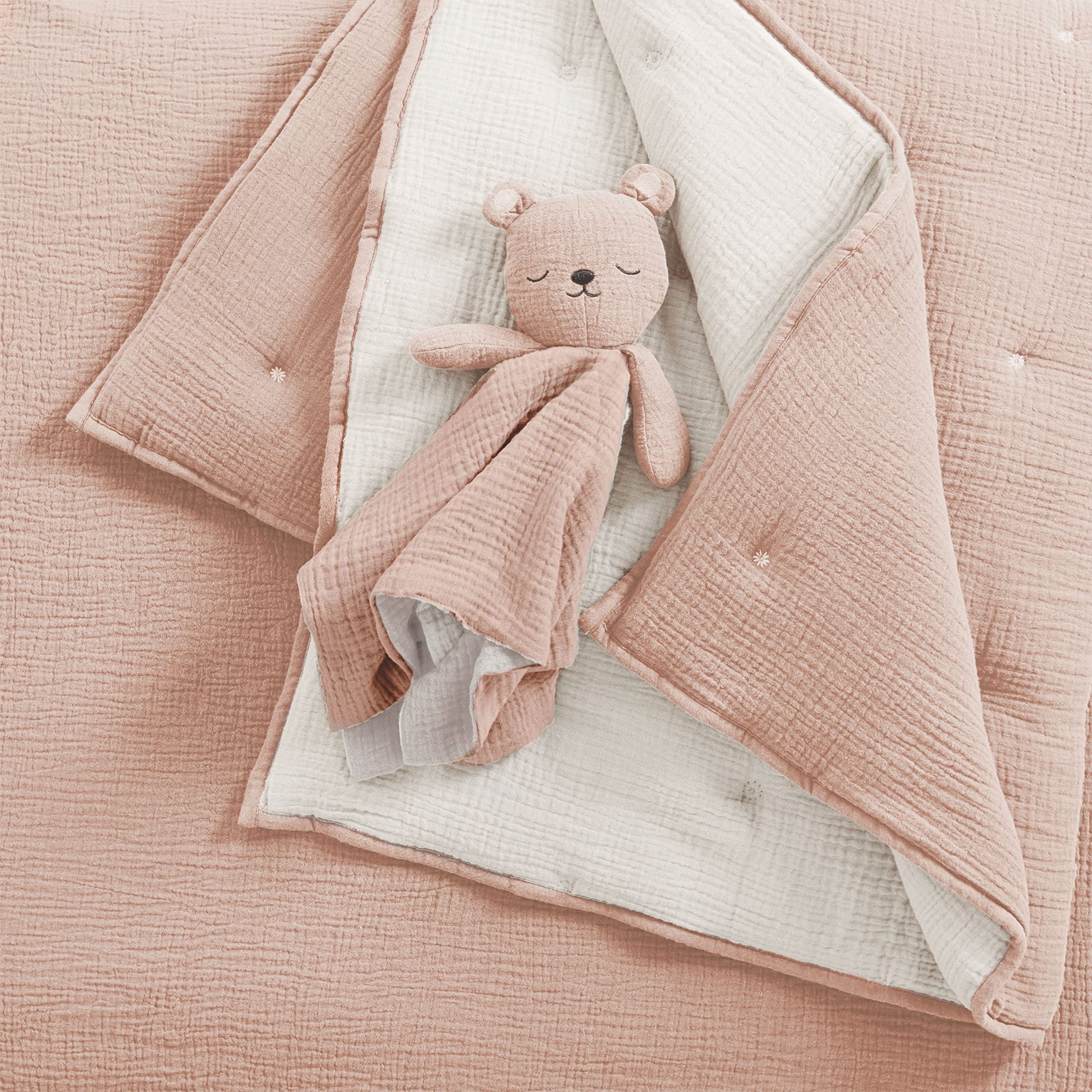 Levtex Baby pink and white bear lovey adds soft comfort for snuggles.