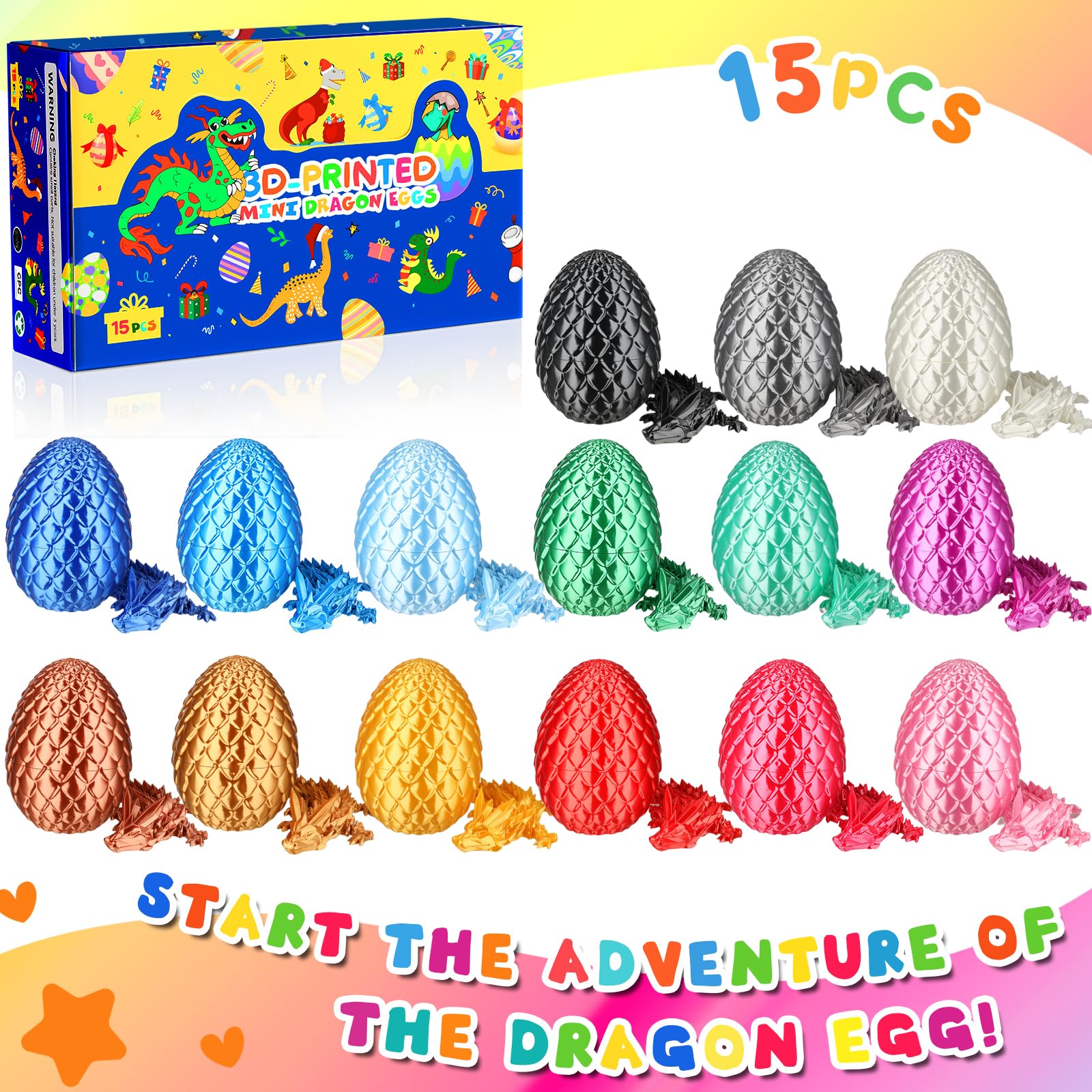 LEWELLRY dragon egg display stand presents a colorful gradient arrangement.