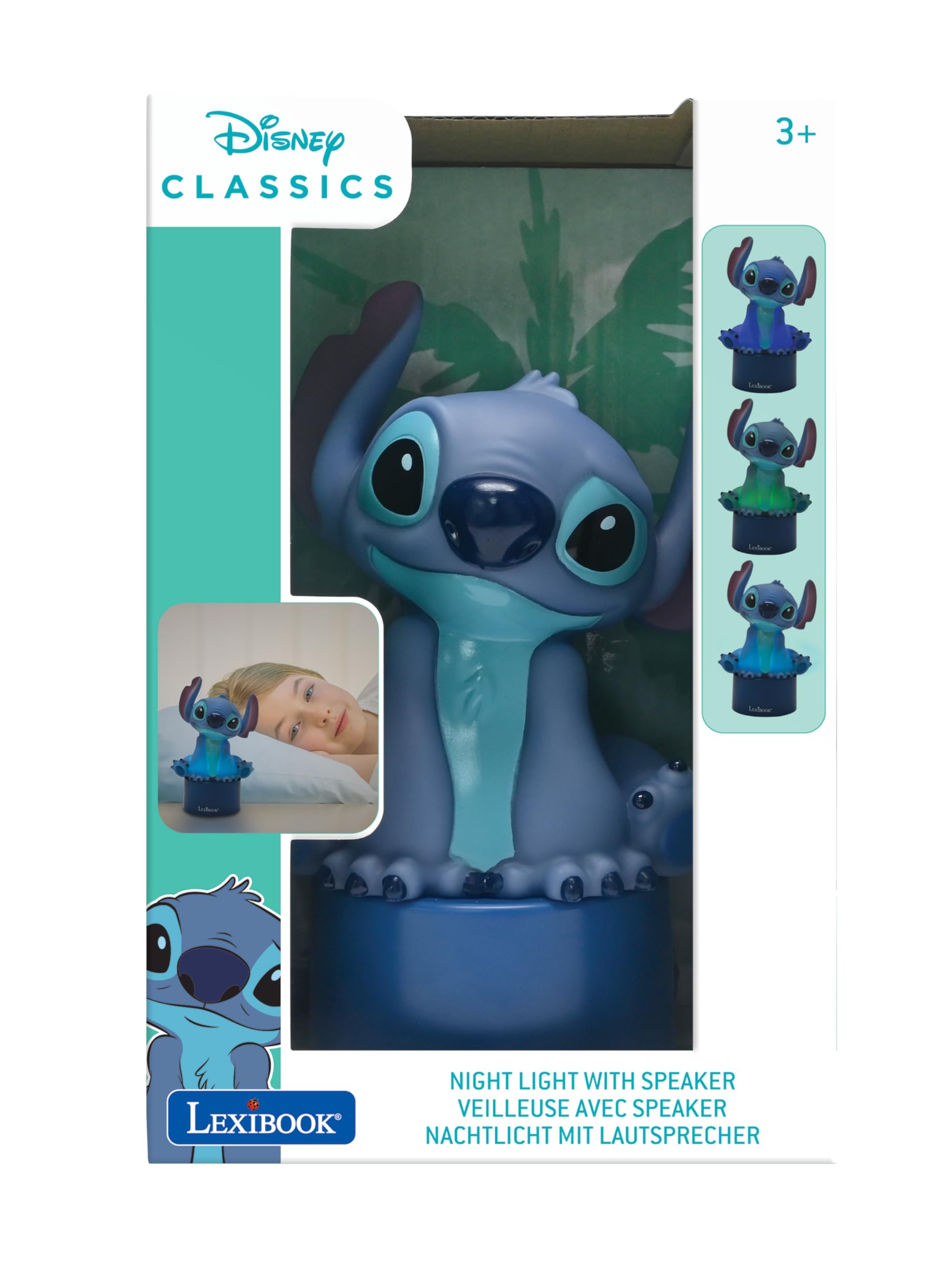 LEXiBOOK Stitch nightlight auto-off after 15 minutes to save energy.