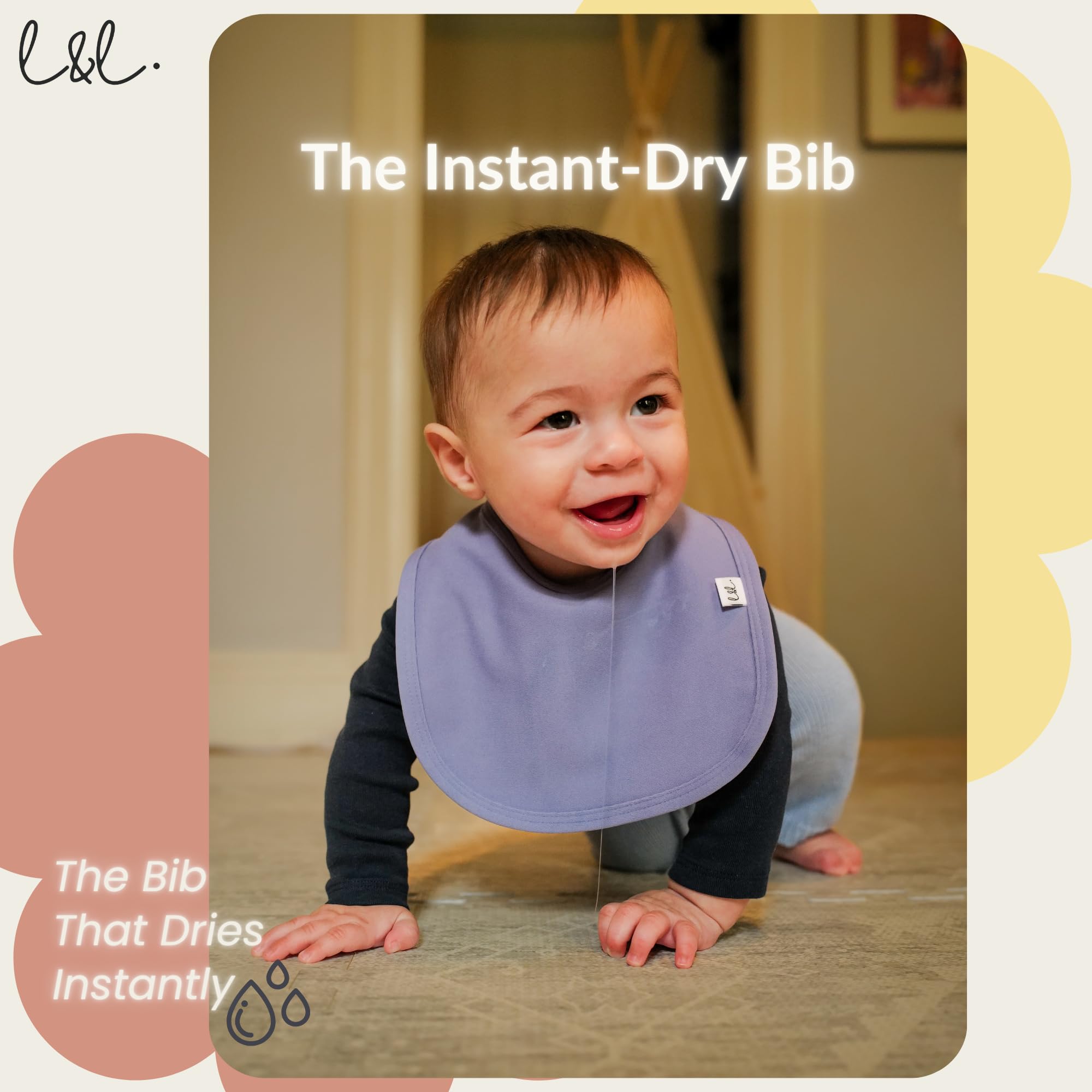 Leya & Lior StayDri bib rapid drying keeps outfits dry after meals.