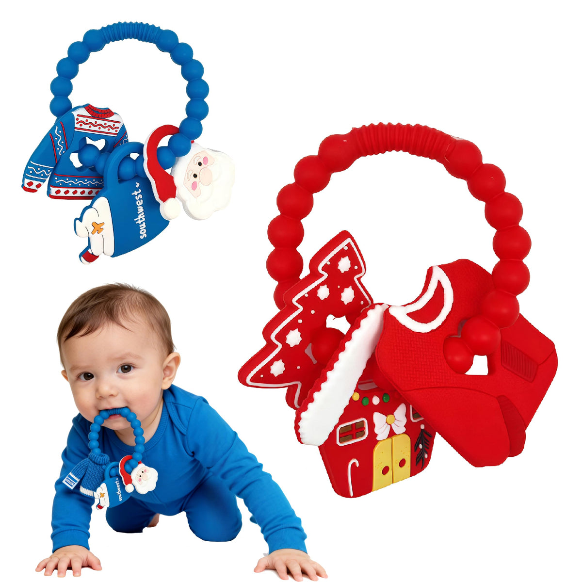 Leziazany Christmas tree teether with textured bumps to soothe gums.