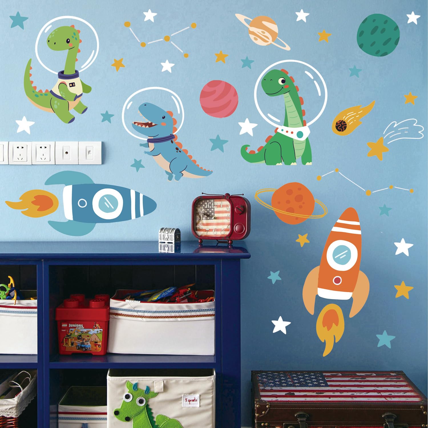 LHIUEM space rocket decal energizes a kid's bedroom decor and playtime.
