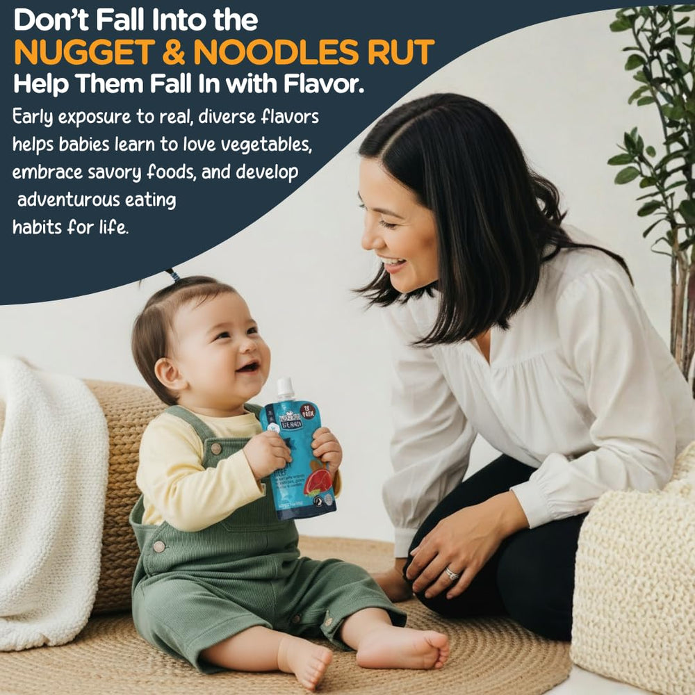 Li'l Hala Foods 6+ months suitability badge, reassuring early eaters.