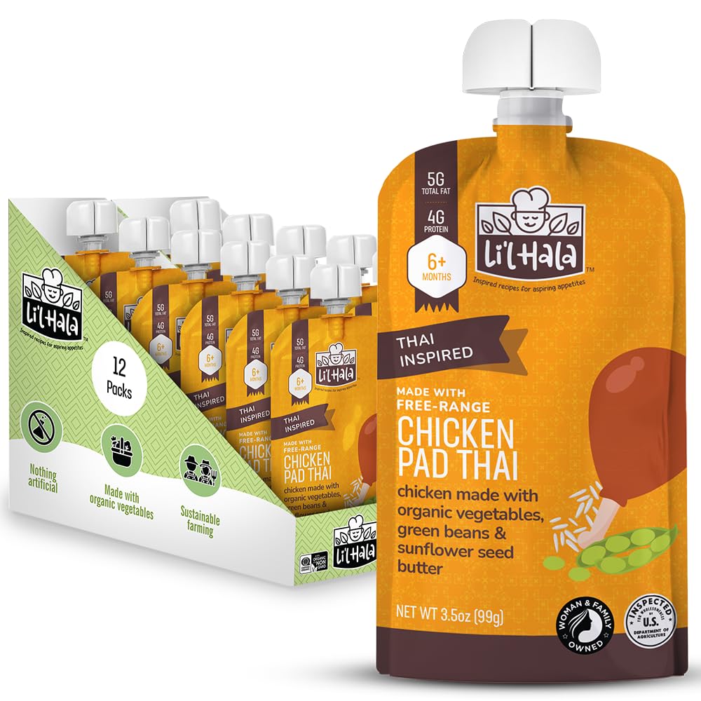 Li'l Hala Foods chicken pad thai pouch pack shot, convenient on-the-go toddler meals.