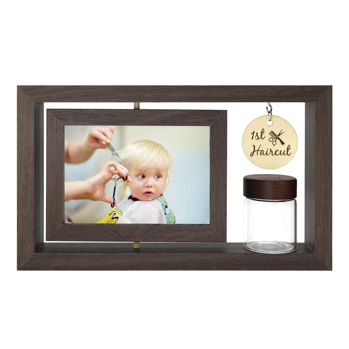 Liannan custom My First Haircut frame rotates to display before and after photos in a nursery.