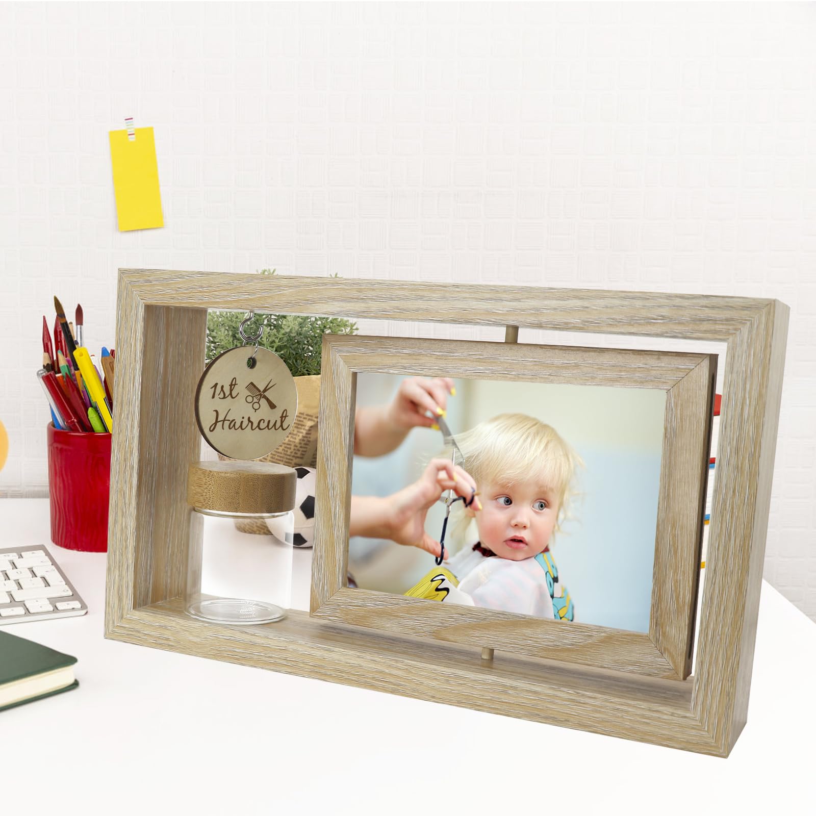 Liannan glass keepsake jar stores baby's first hair for display.