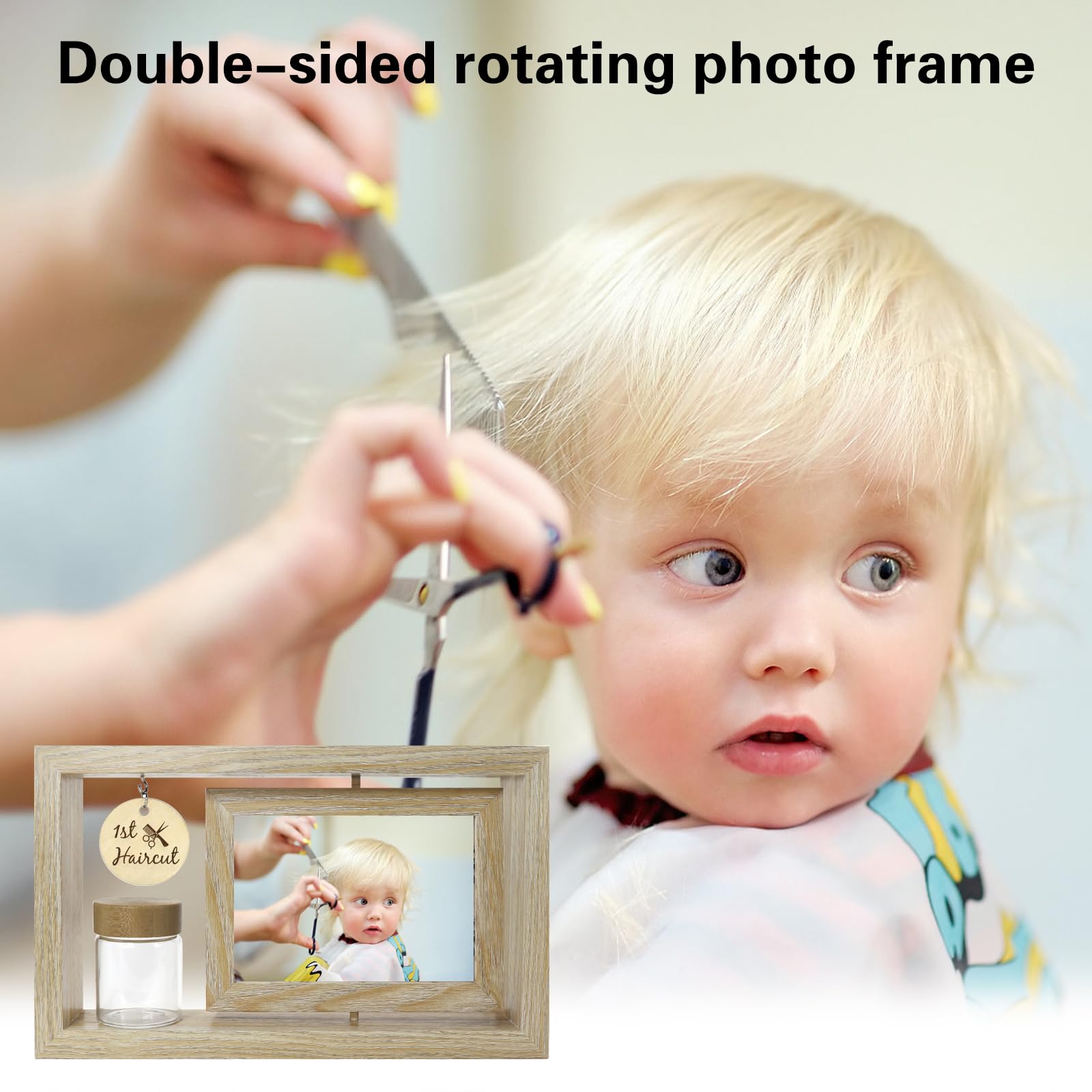 Liannan frame offers personalized engraving for name and haircut date.